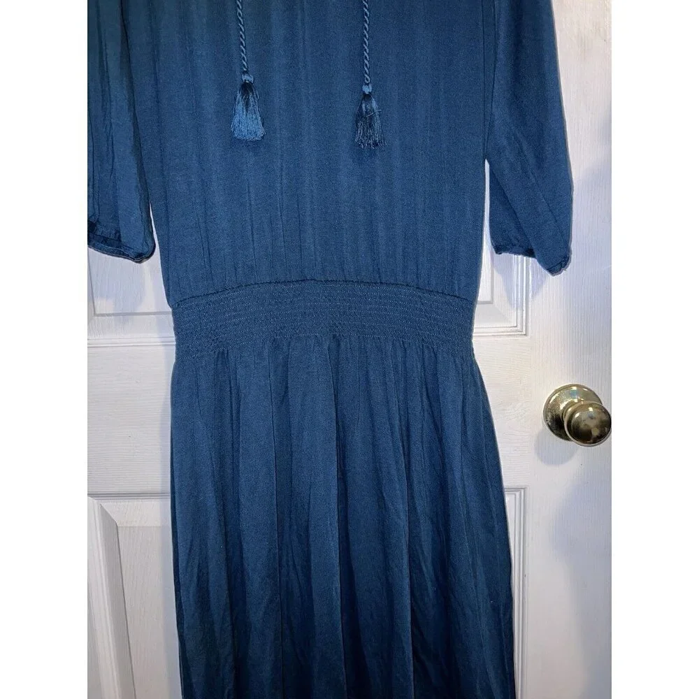 NWT GARNET HI V-neck 3/4 Sleeve Smock Waist Teal Tencell Blend Dress Sz S Boho - Picture 4 of 14